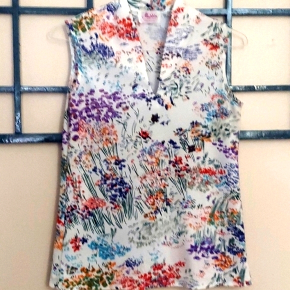 Vintage Aladdin Floral Print V-Cut Neckline Sleeveless Top S